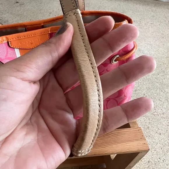 Coach Pink Signature Stripe Tote Bag Orange Trim Leather Handbag - Picture 13 of 14